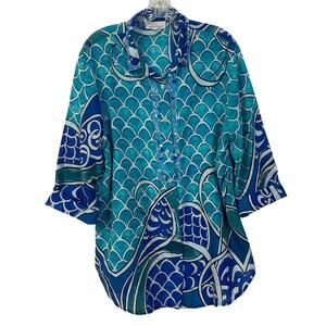 Beachy Button Down Top Boho Artsy Eclectic Cotton Coastal Grandma 3/4 Sleeves